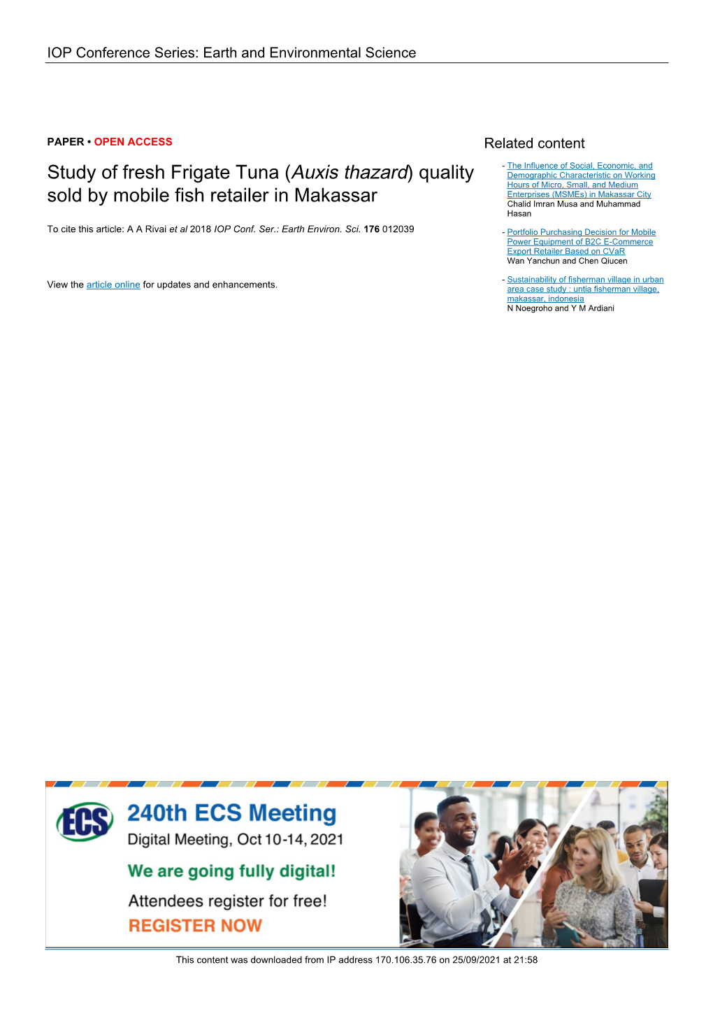 Study of Fresh Frigate Tuna (Auxis Thazard) Quality Sold by Mobile Fish Retailer in Makassar