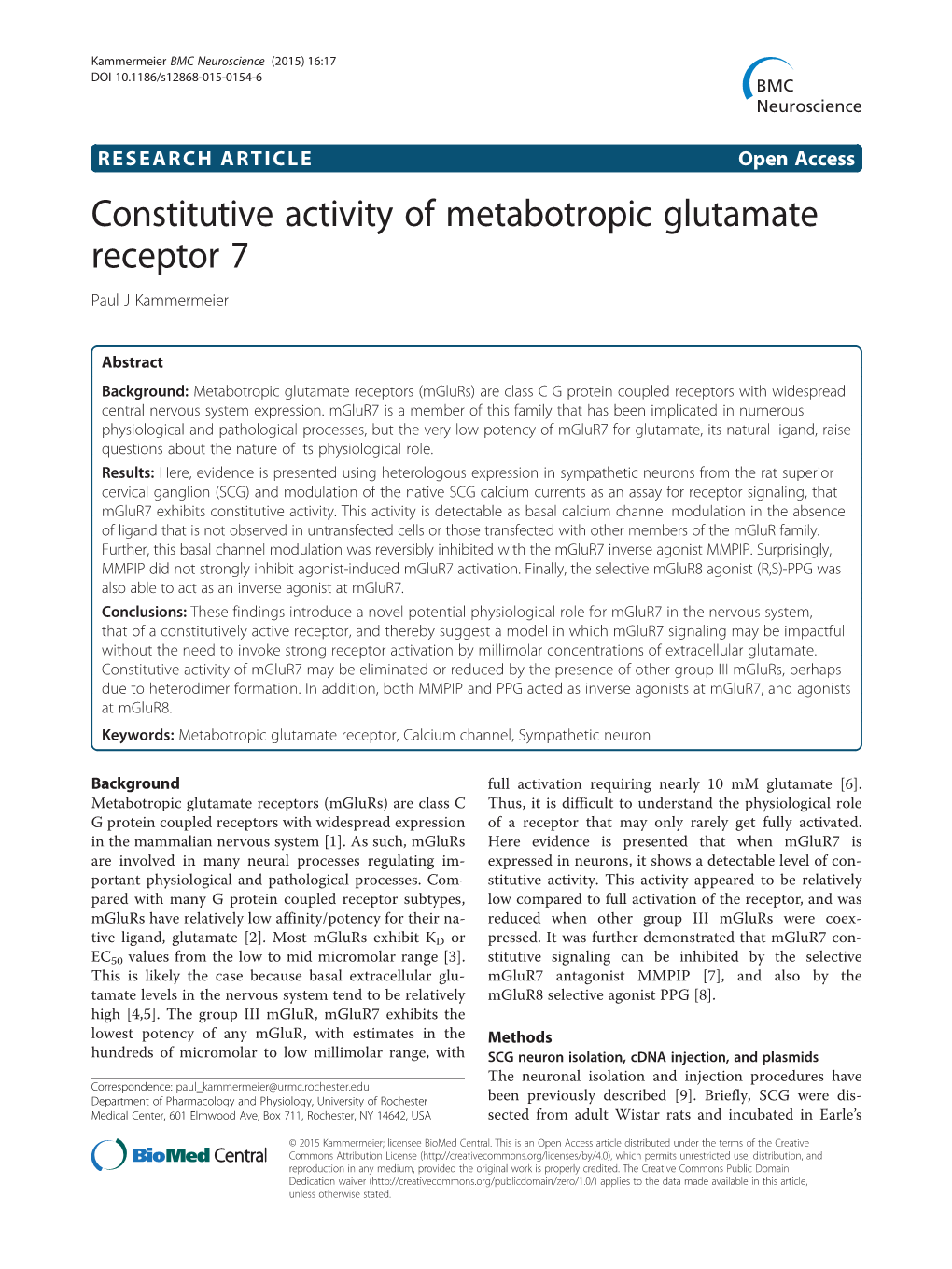 Constitutive Activity of Metabotropic Glutamate Receptor 7 Paul J Kammermeier