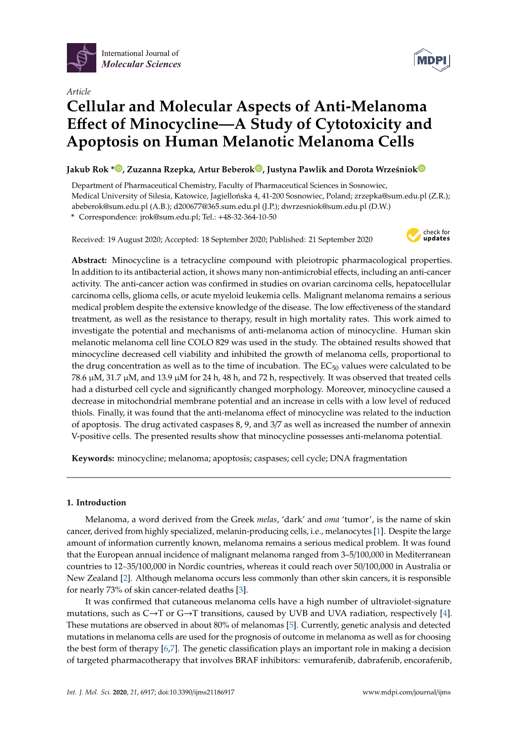 Cellular and Molecular Aspects of Anti-Melanoma Effect of Minocycline