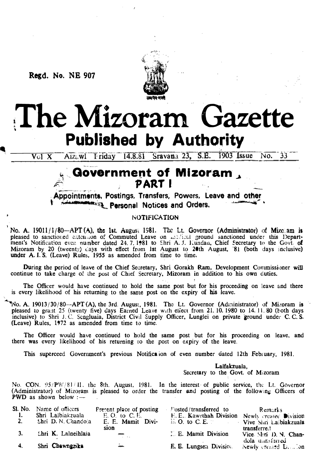 !The Mizoram Gazette , Published by Authority