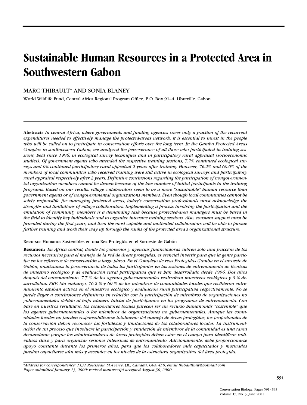 Sustainable Human Resources in a Protected Area in Southwestern Gabon