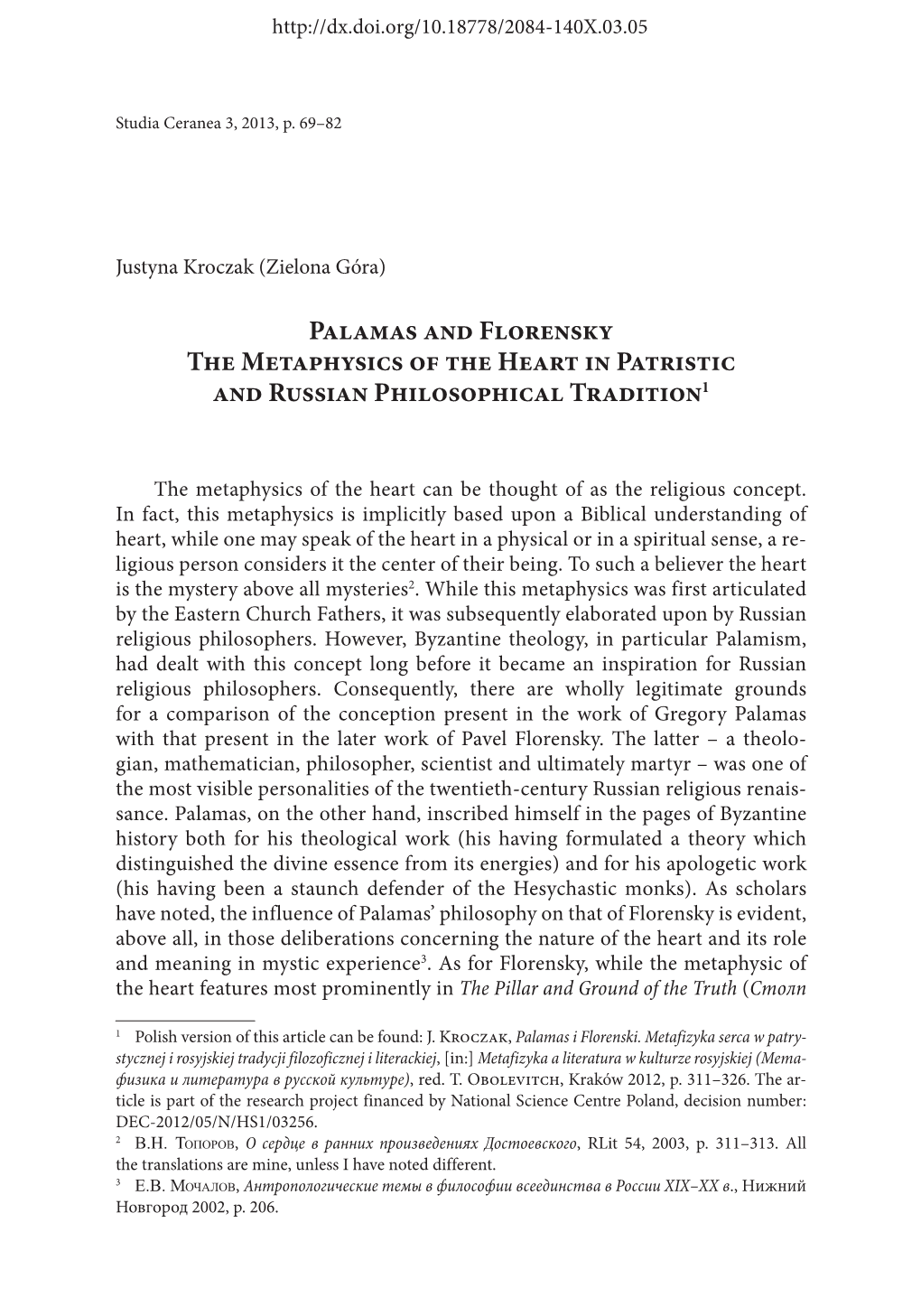 Palamas and Florensky: the Metaphysics of the Heart in Patristic and Russian… 71