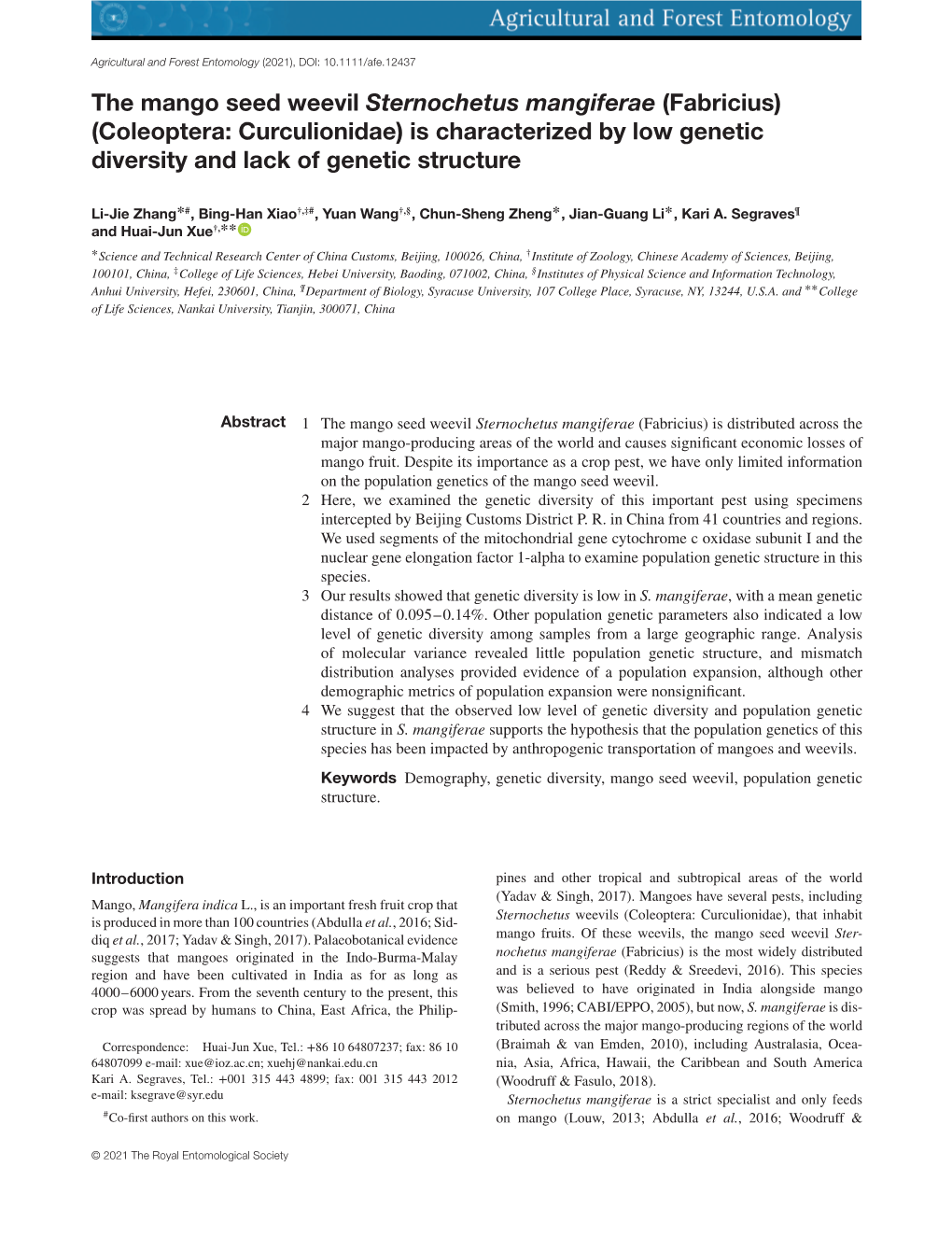 The Mango Seed Weevil Sternochetus Mangiferae (Fabricius) (Coleoptera: Curculionidae) Is Characterized by Low Genetic Diversity and Lack of Genetic Structure