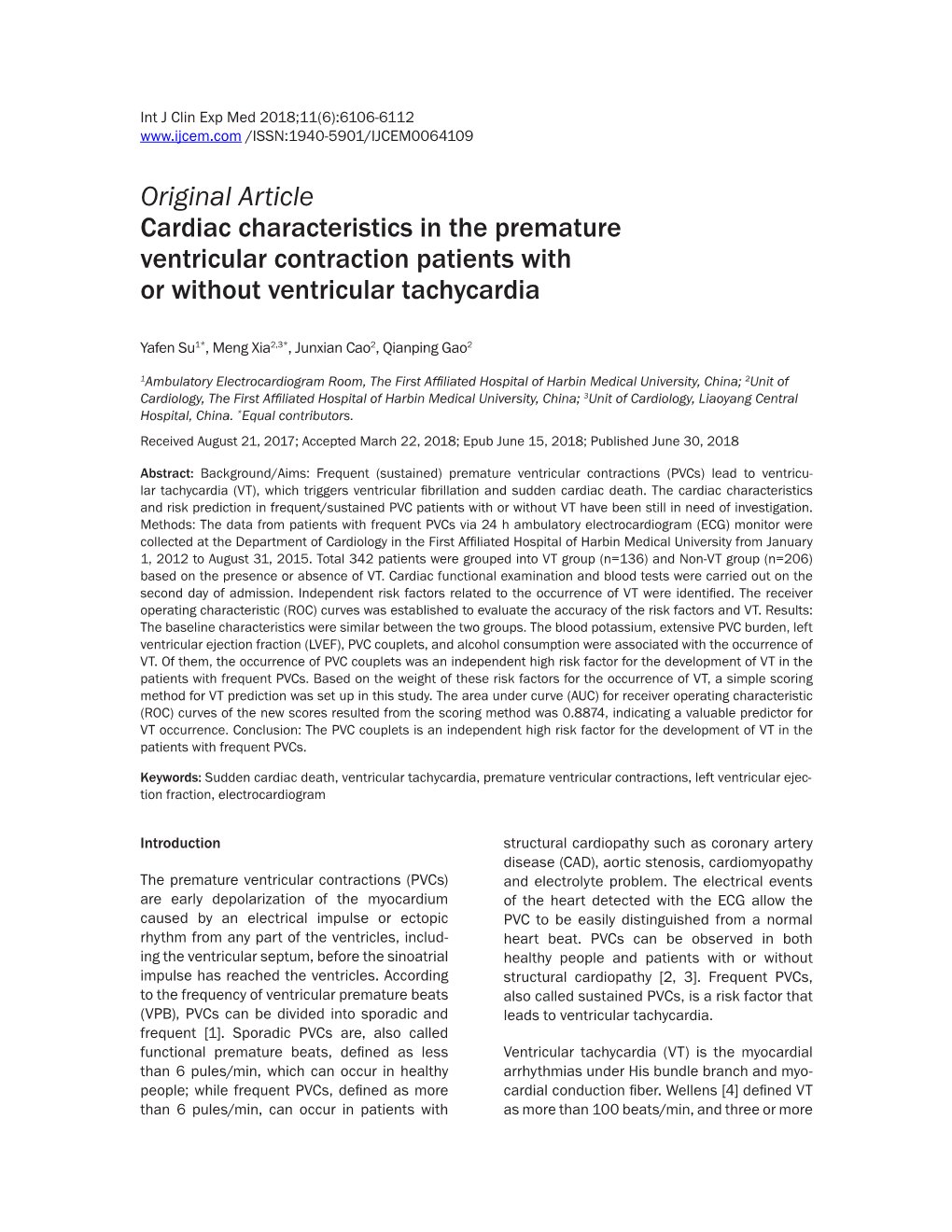 Cardiac Characteristics in the Premature Ventricular Contraction Patients with Or Without Ventricular Tachycardia