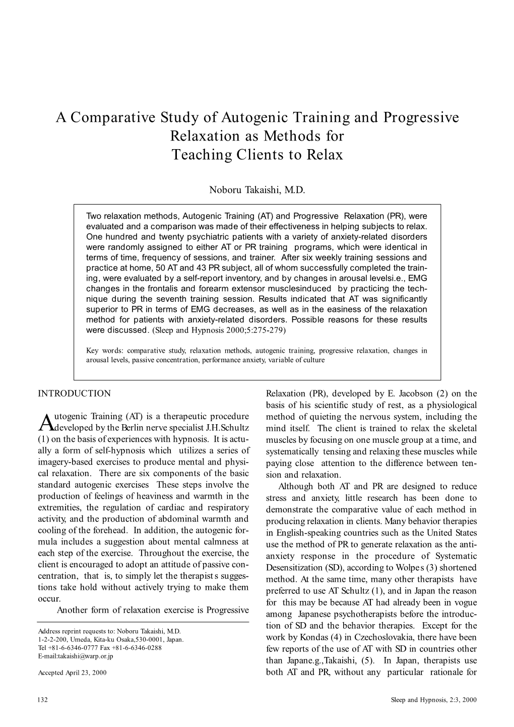 A Comparative Study of Autogenic Training and Progressive Relaxation As Methods for Teaching Clients to Relax