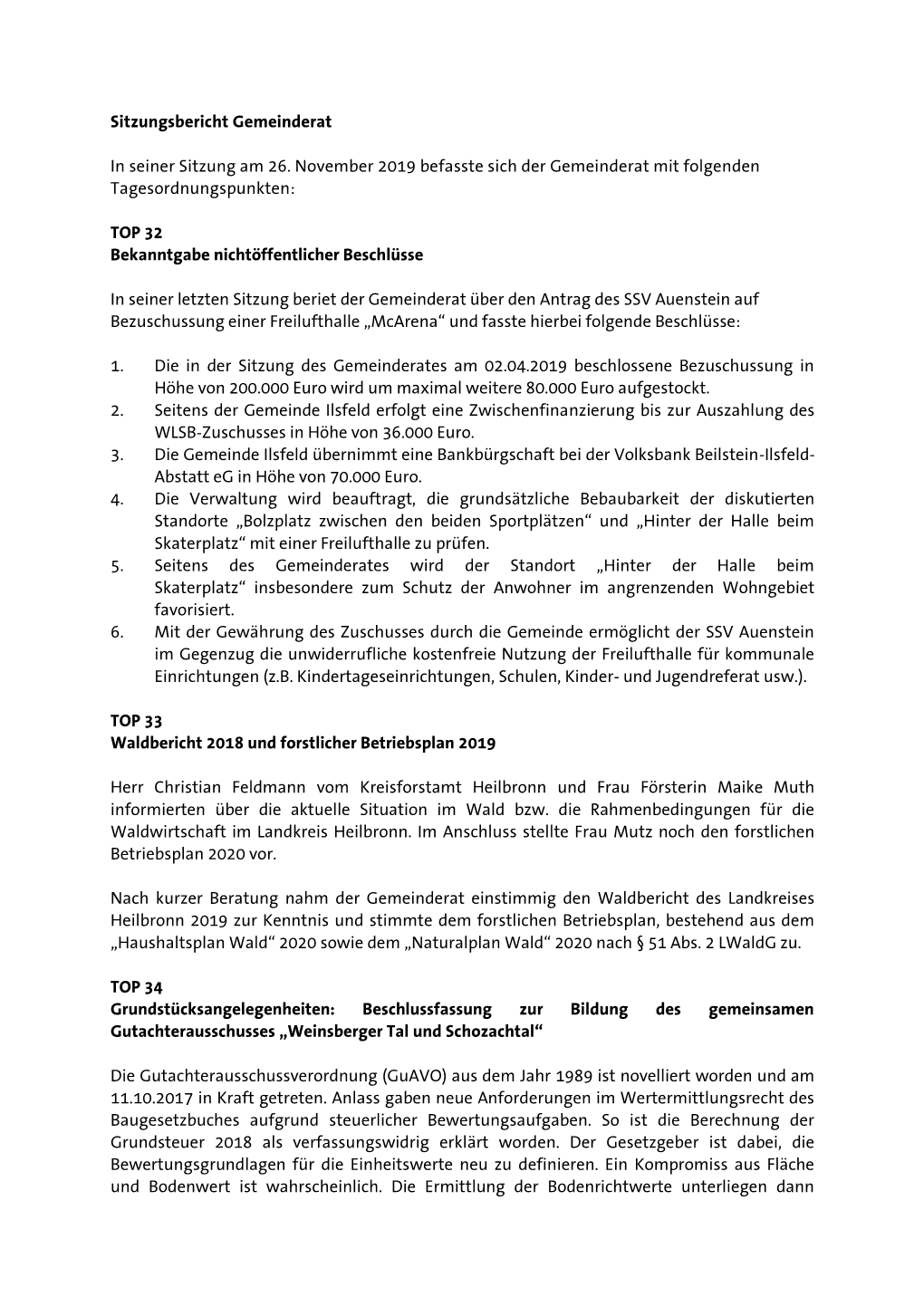 Öffentliche Sitzung Des Gemeinderates Am 26. November