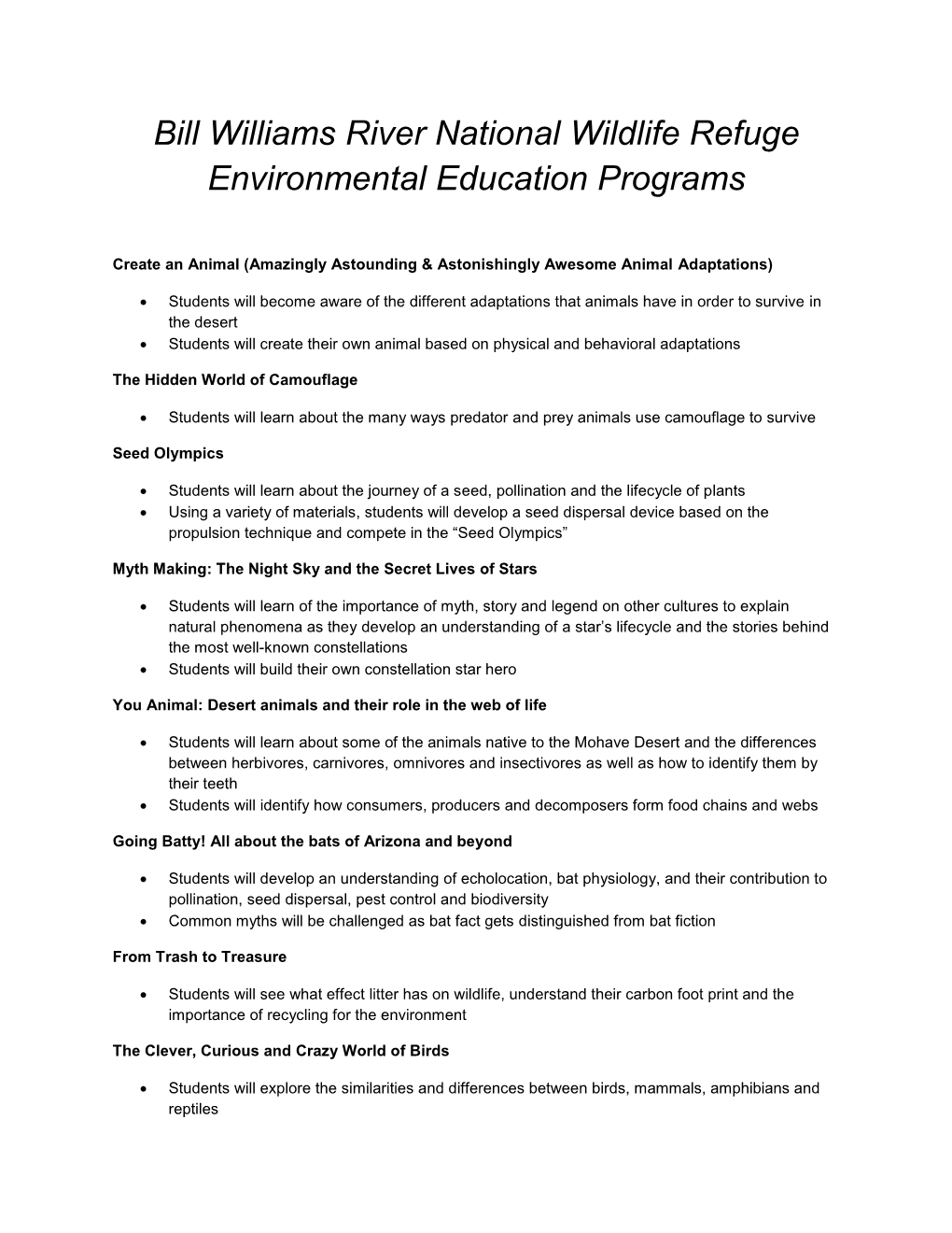 Bill Williams River National Wildlife Refuge Environmental Education Programs