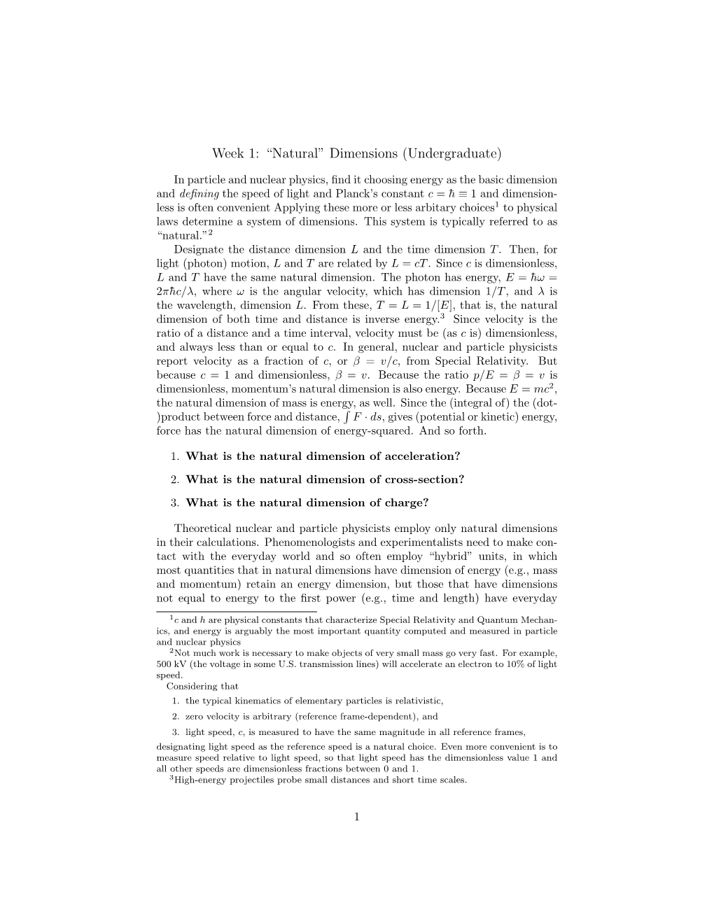 Week 1: “Natural” Dimensions (Undergraduate)