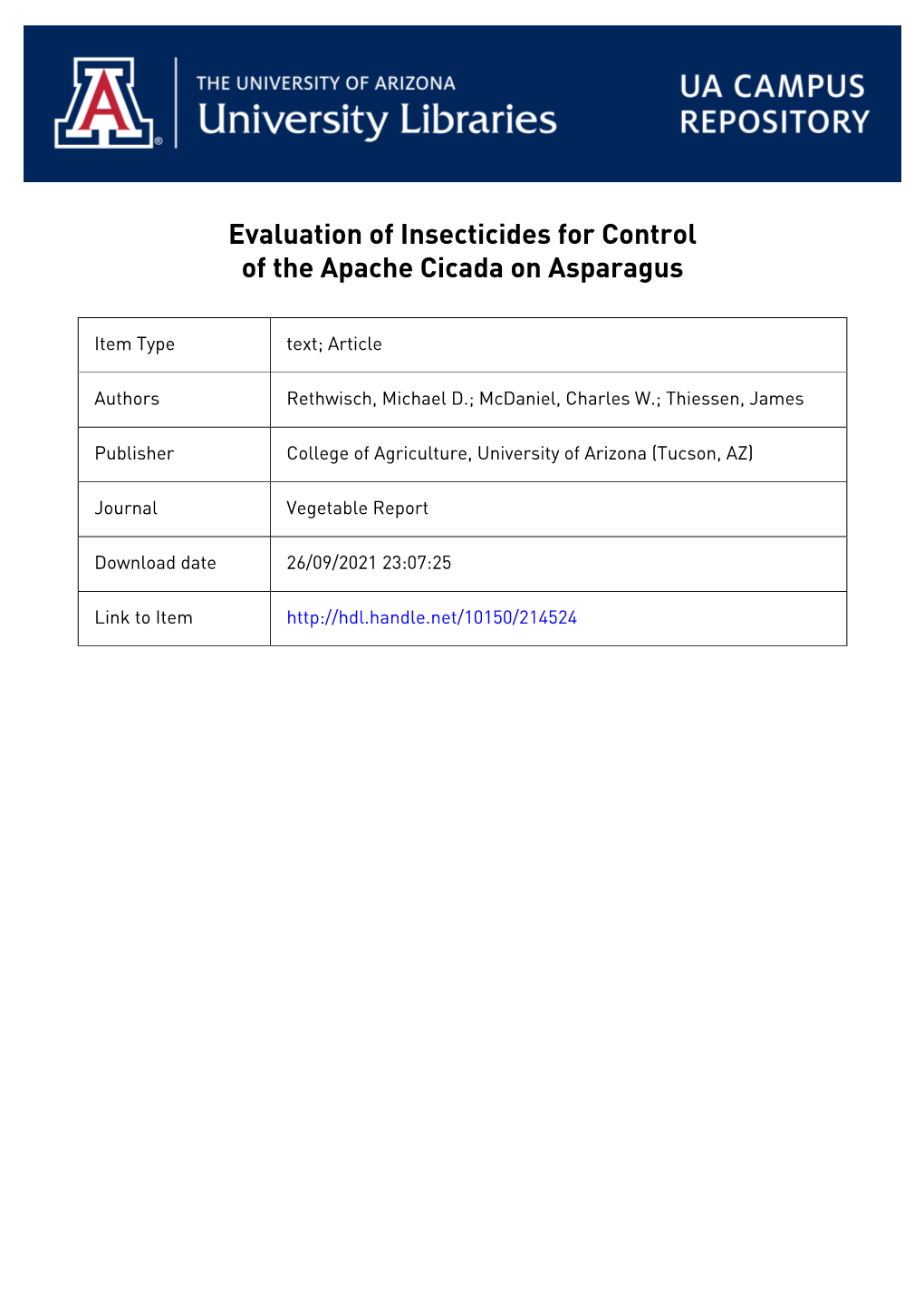 Evaluation of Insecticides for Control of the Apache Cicada on Asparagus