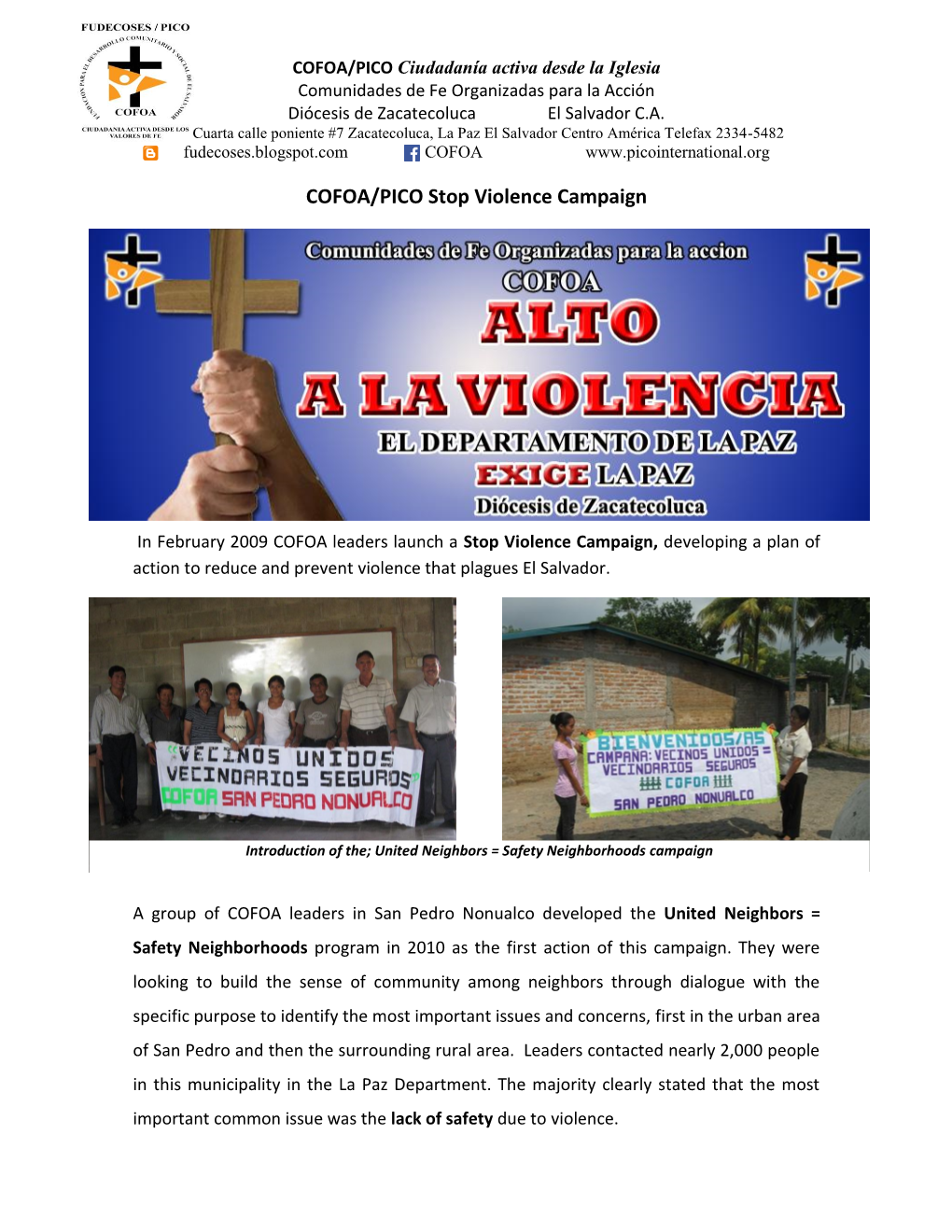 COFOA/PICO Stop Violence Campaign