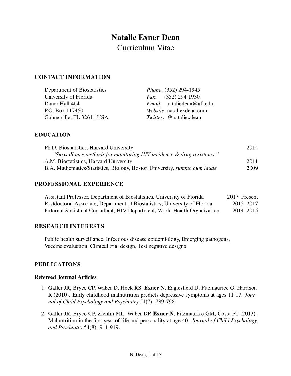 Natalie Exner Dean Curriculum Vitae