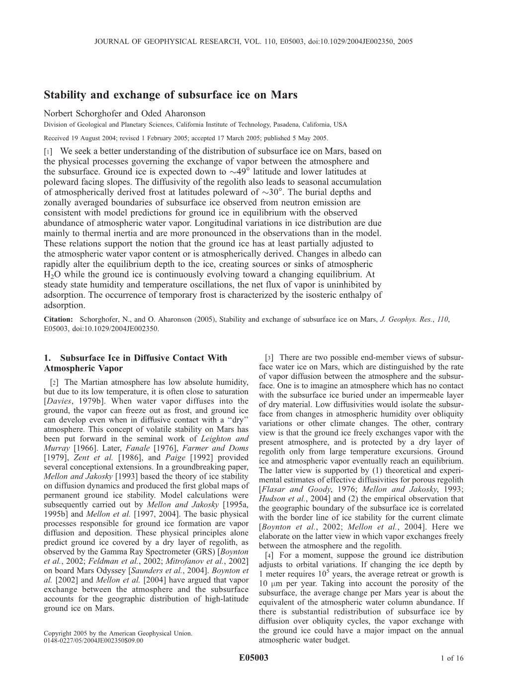 Stability and Exchange of Subsurface Ice on Mars