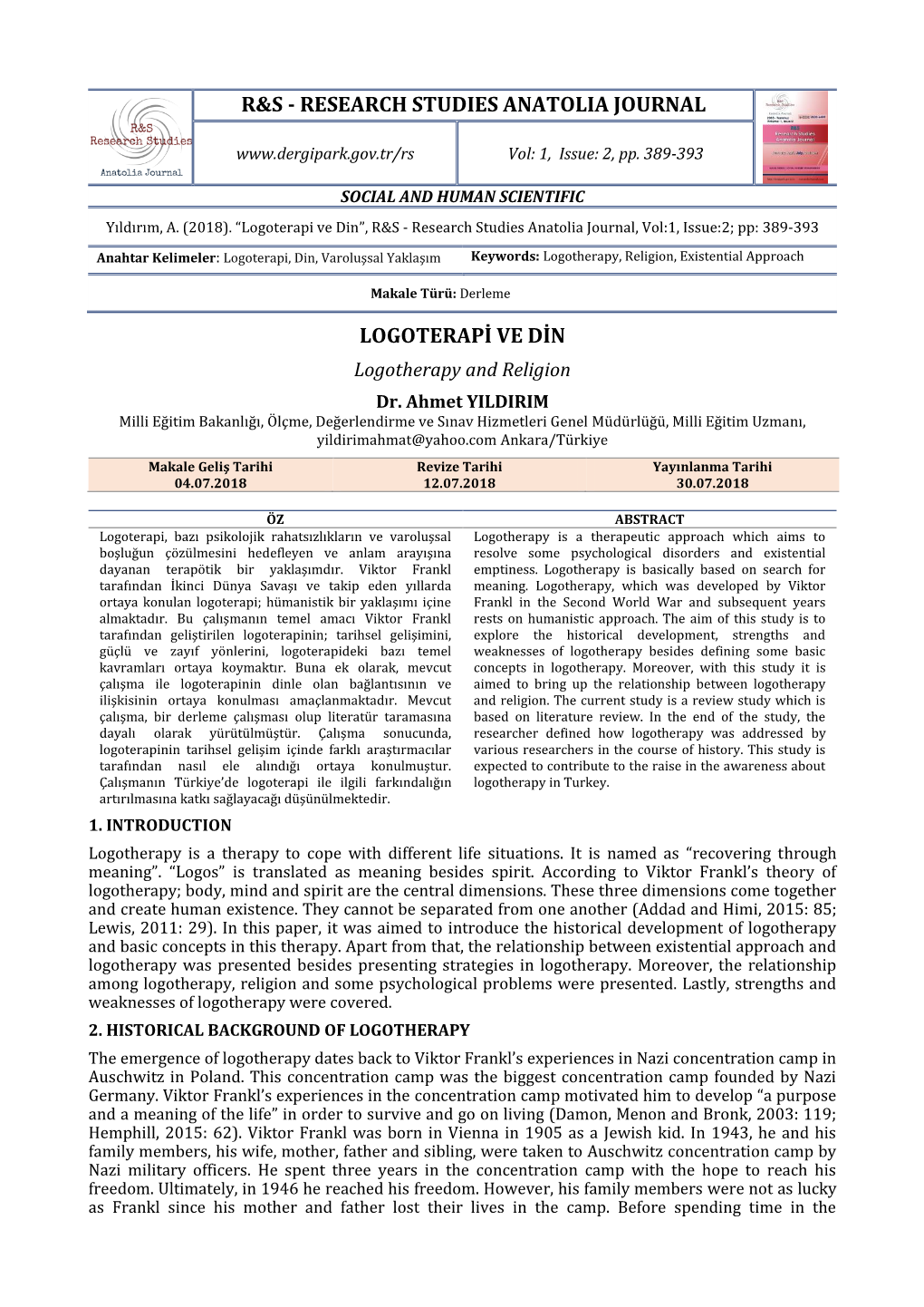 Research Studies Anatolia Journal Logoterapi Ve