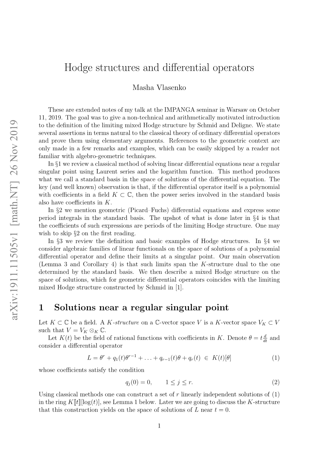 Arxiv:1911.11505V1 [Math.NT] 26 Nov 2019 Hodge Structures and Differential Operators