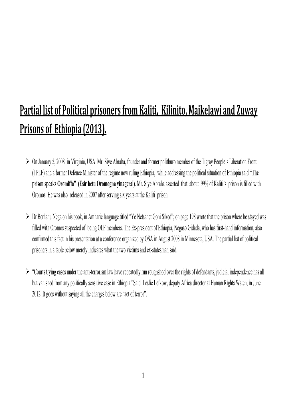 Partial List of Political Prisoners from Kaliti, Kilinito, Maikelawi and Zuway Prisons of Ethiopia (2013)