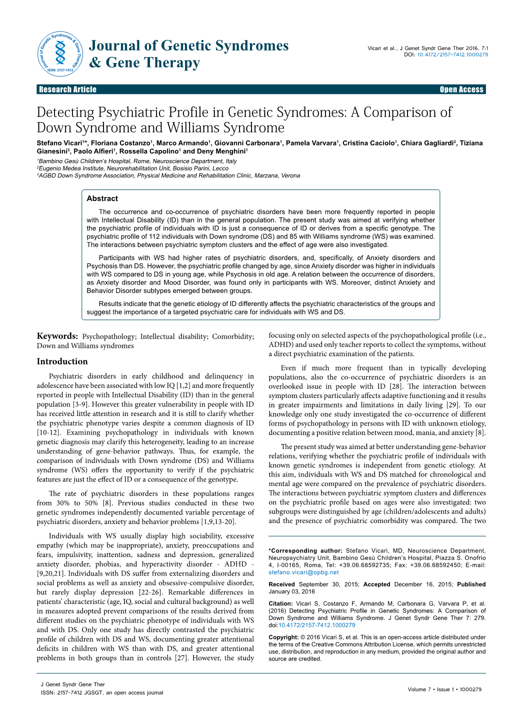 A Comparison of Down Syndrome and Williams Syndrome