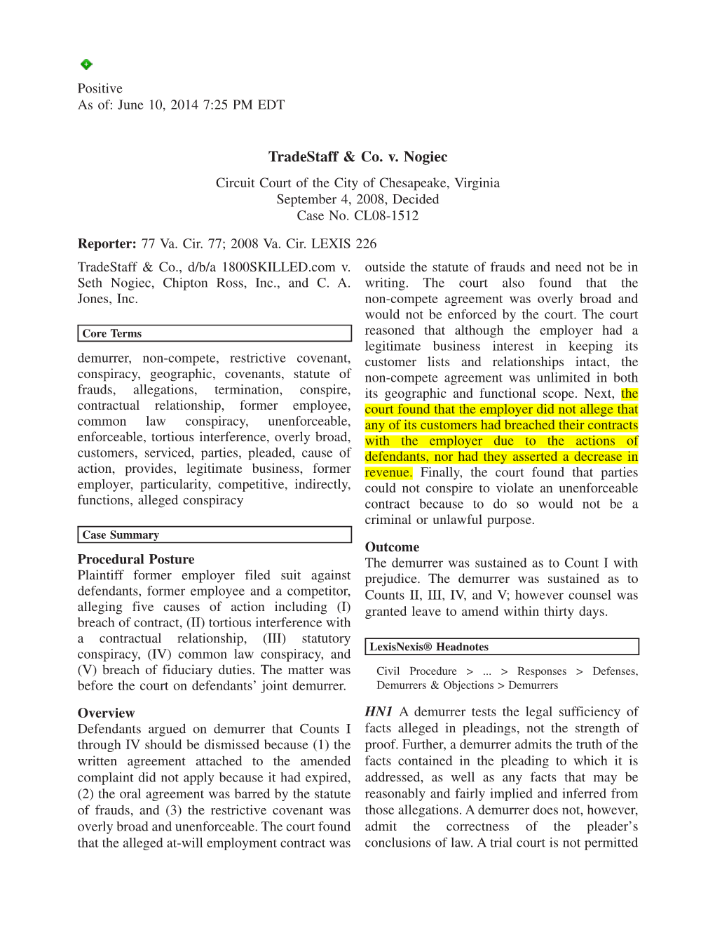 Tradestaff & Co. V. Nogiec, 77 Va. Cir. 77 (Chesapeake 2008)