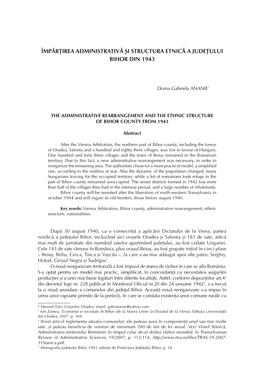 Împărţirea Administrativă Şi Structura Etnică a Judeţului Bihor Din 1943