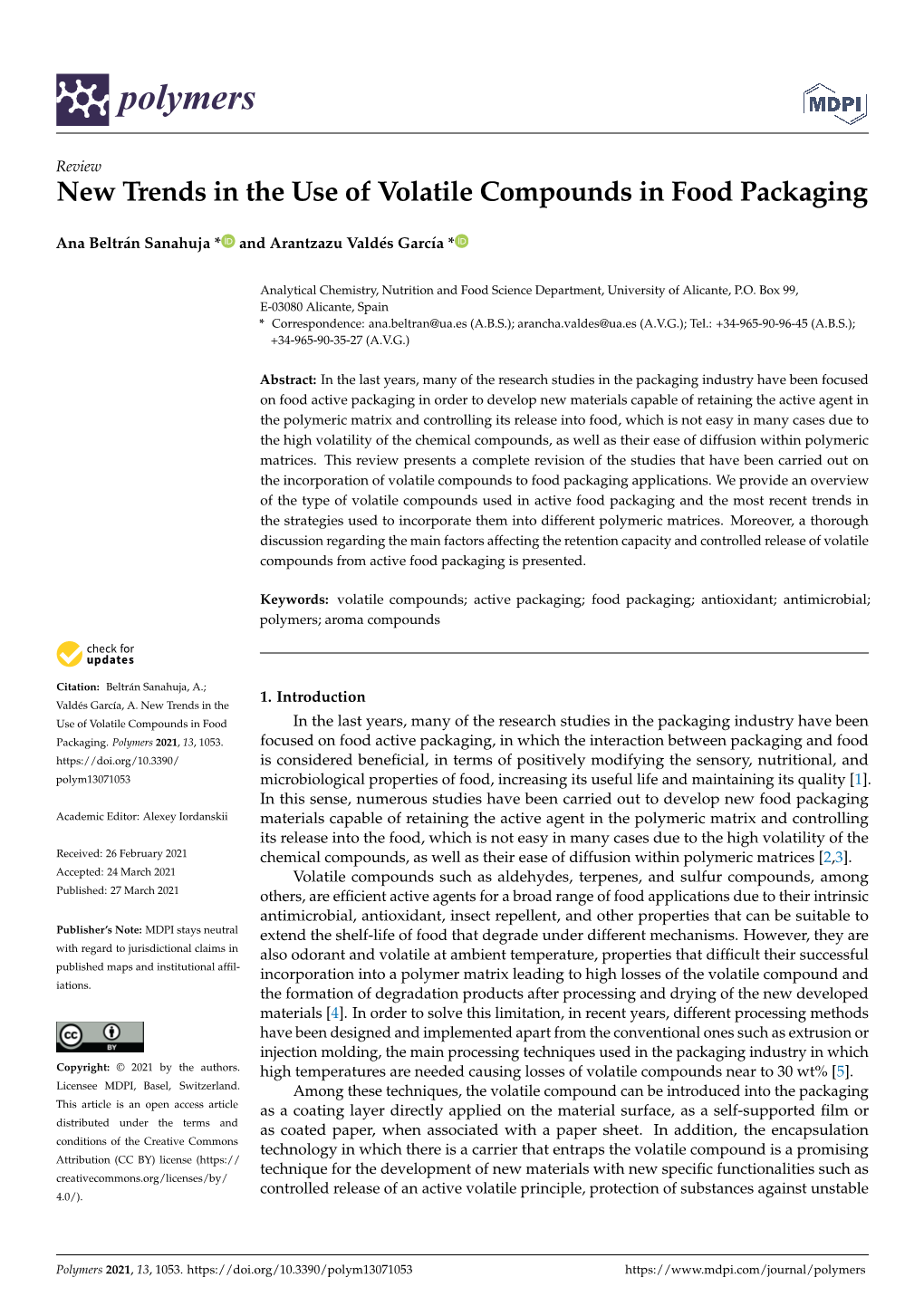 New Trends in the Use of Volatile Compounds in Food Packaging