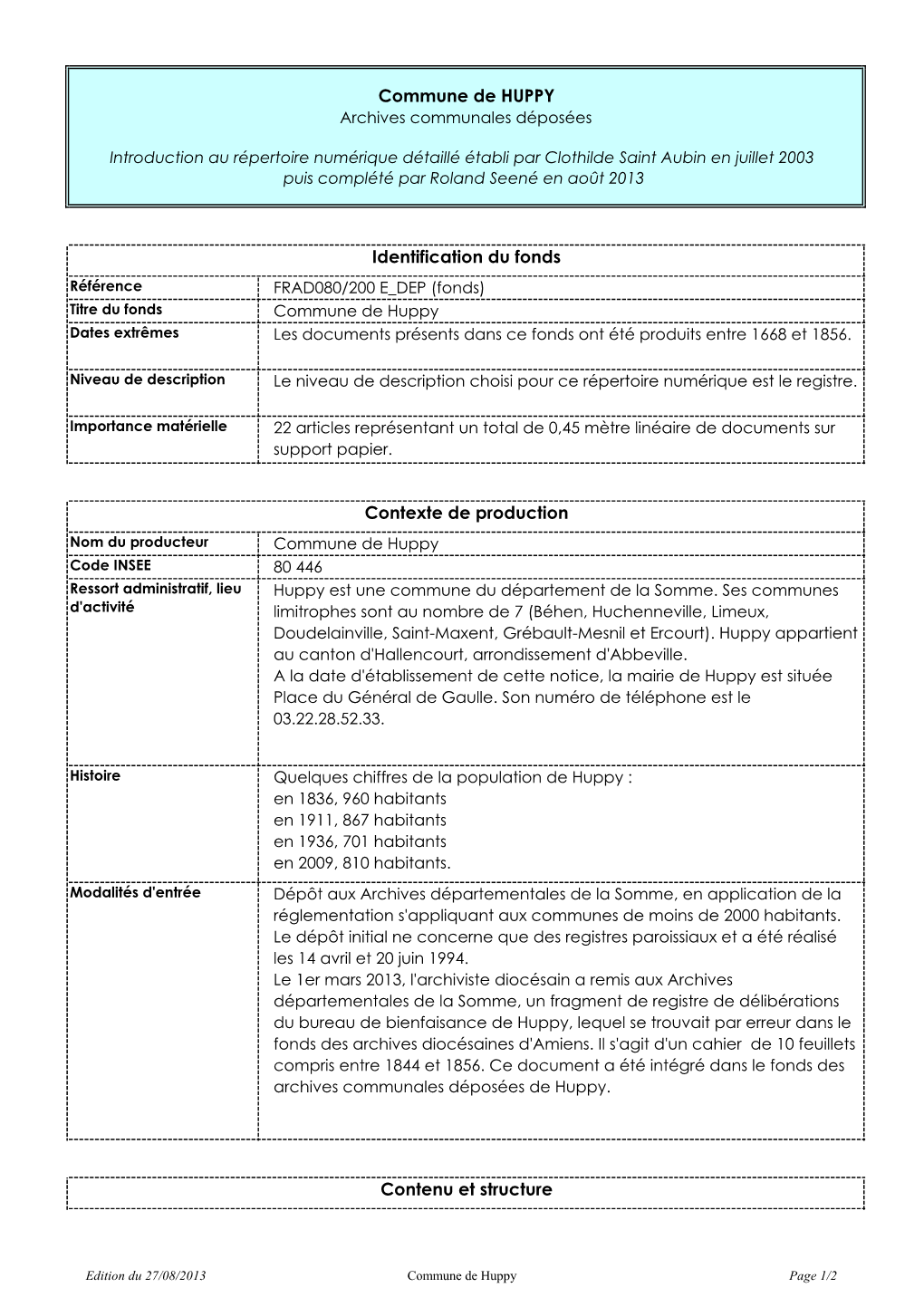 Commune De HUPPY Identification Du Fonds Contexte De Production