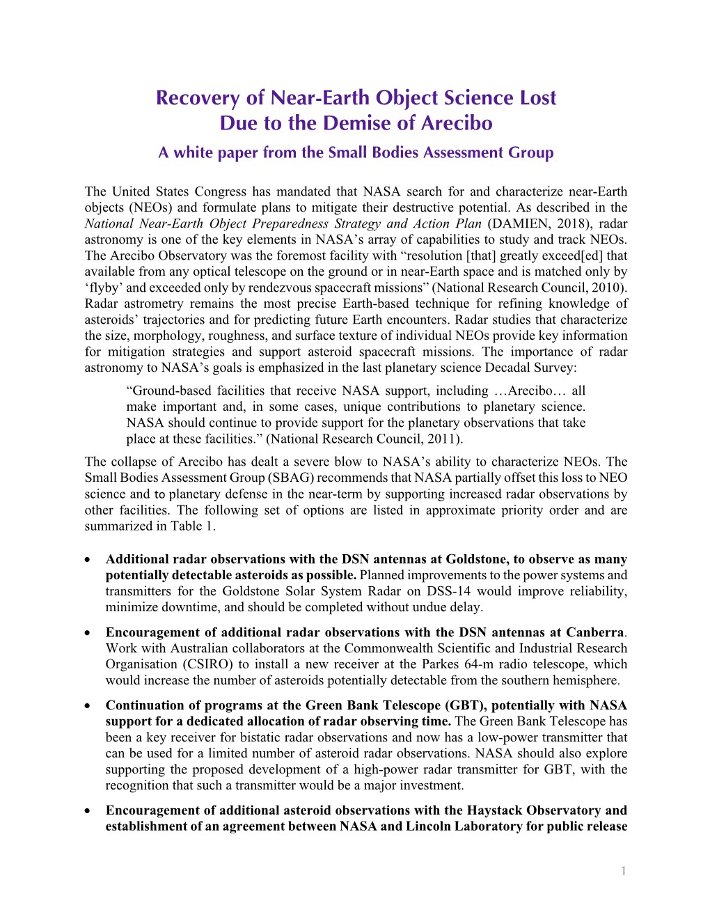 Recovery of Near-Earth Object Science Lost Due to the Demise of Arecibo a White Paper from the Small Bodies Assessment Group