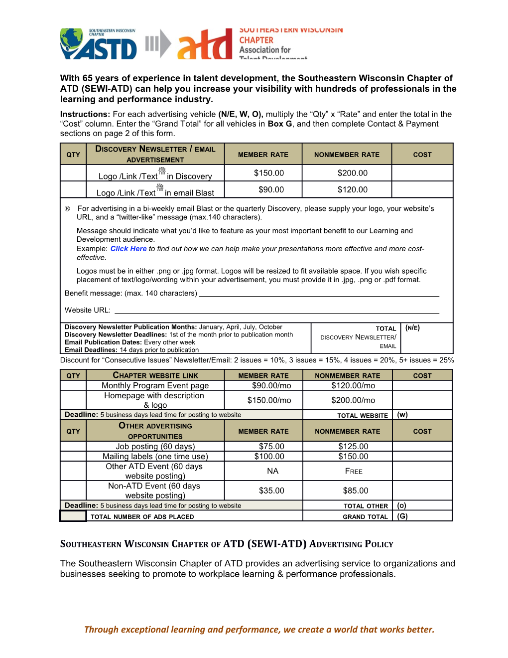 Southeastern Wisconsin Chapter of ATD (SEWI-ATD) Advertising Policy