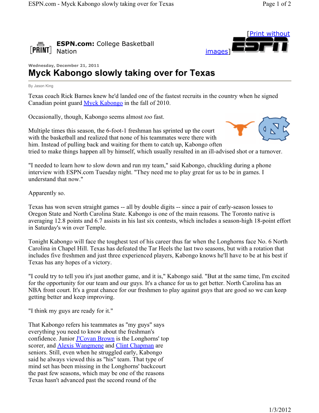 Myck Kabongo Slowly Taking Over for Texas Page 1 of 2