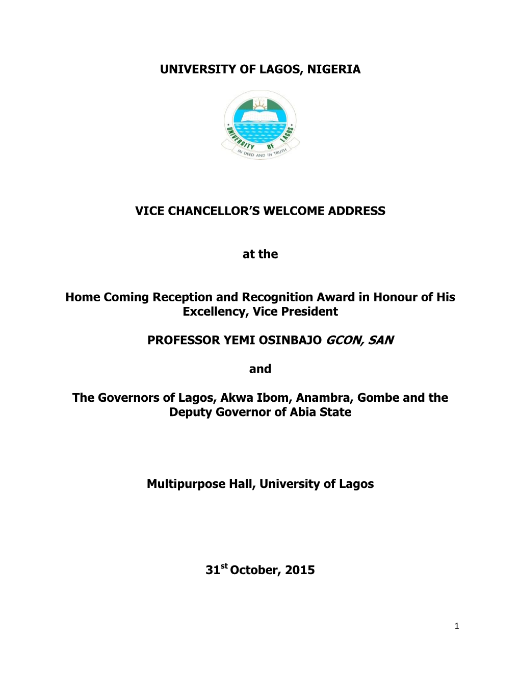 University of Lagos, Nigeria Vice Chancellor's Welcome