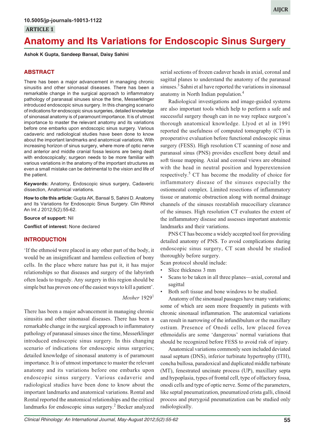 Anatomy and Its Variations for Endoscopic Sinus Surgery Anatomy and Its Variations for Endoscopic Sinus Surgery