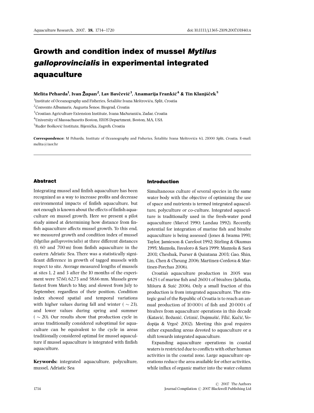 Growth and Condition Index of Mussel Mytilus Galloprovincialis in Experimental Integrated Aquaculture