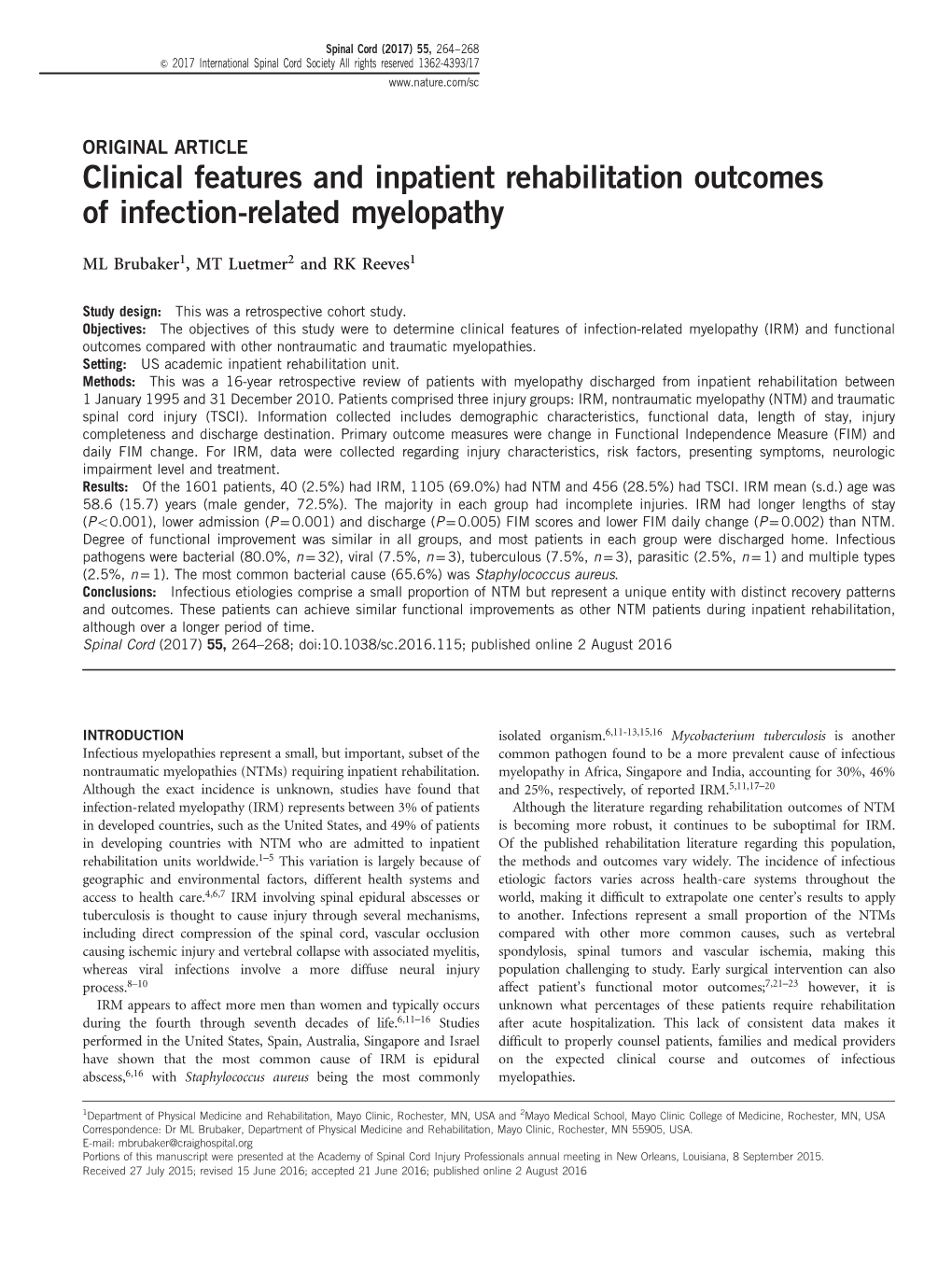 Clinical Features and Inpatient Rehabilitation Outcomes of Infection-Related Myelopathy