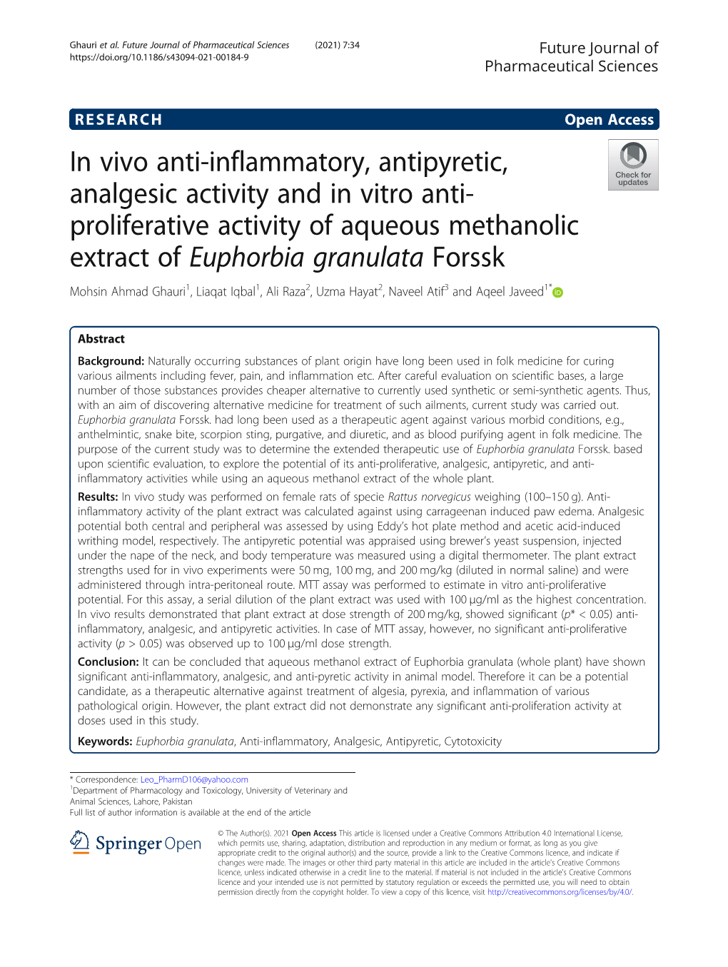 In Vivo Anti-Inflammatory, Antipyretic, Analgesic Activity and in Vitro Anti