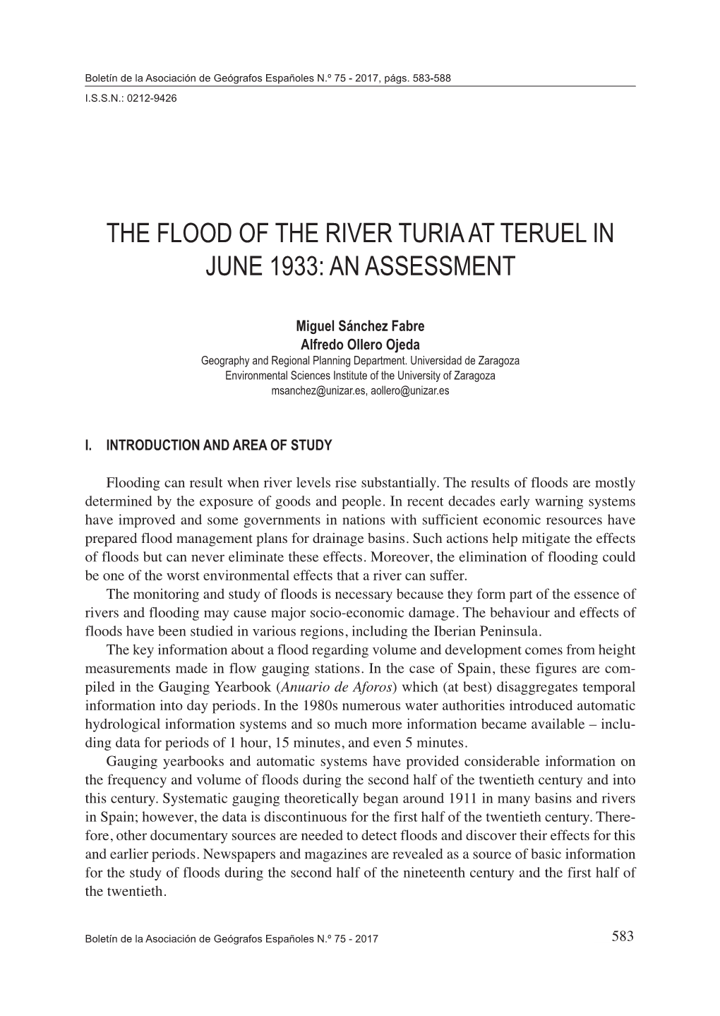 The Flood of the River Turia at Teruel in June 1933: an Assessment