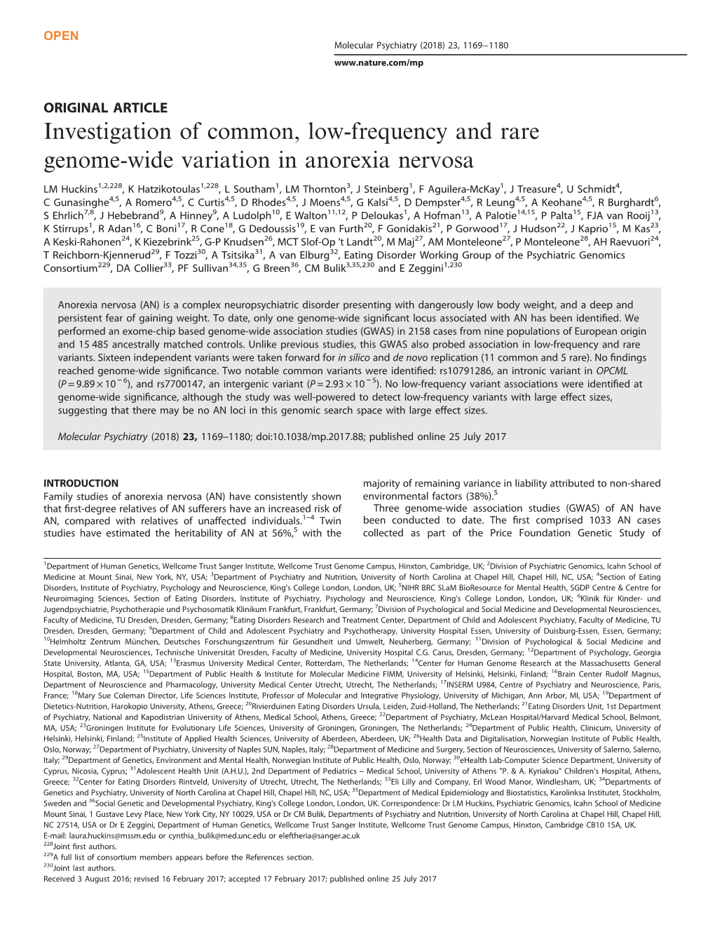 Investigation of Common, Low-Frequency and Rare Genome-Wide Variation in Anorexia Nervosa