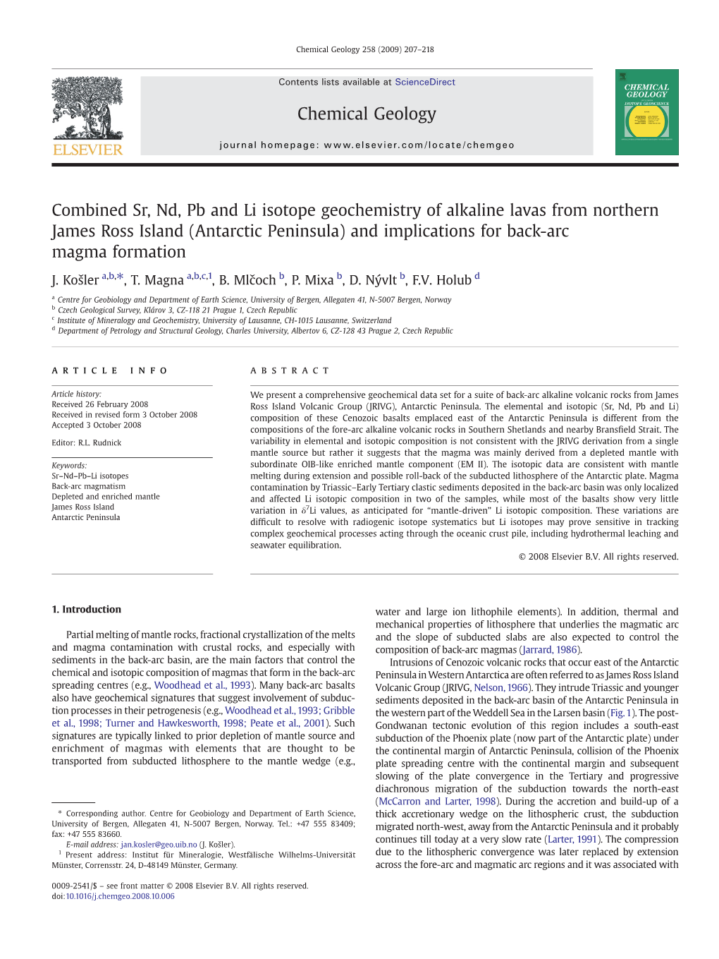 Combined Sr, Nd, Pb and Li Isotope Geochemistry of Alkaline Lavas from Northern James Ross Island (Antarctic Peninsula) and Implications for Back-Arc Magma Formation