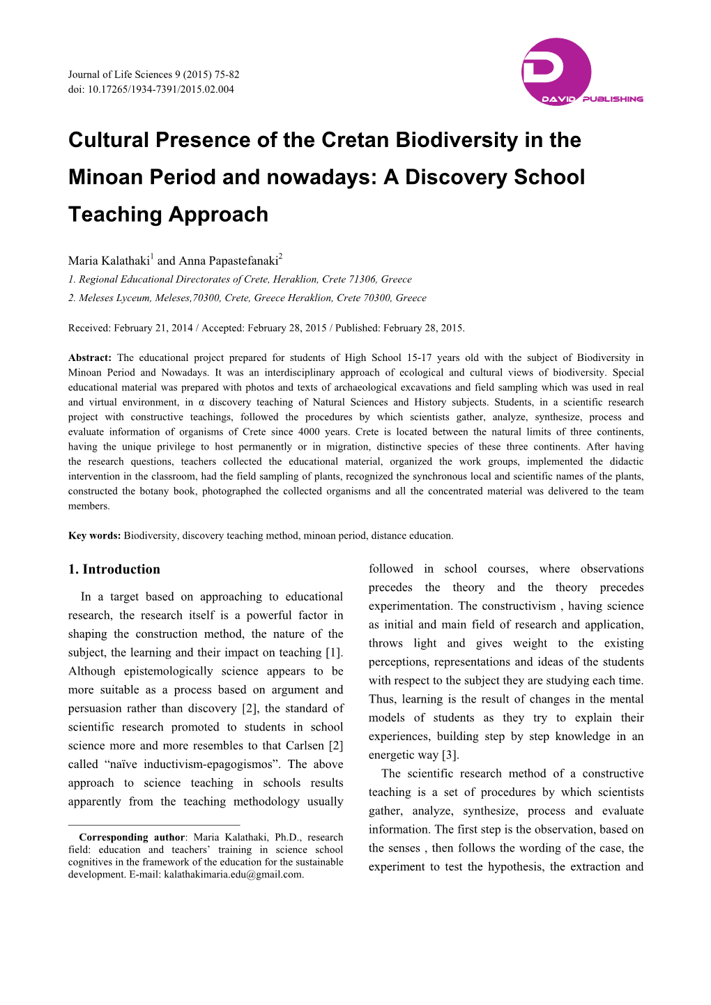 Cultural Presence of the Cretan Biodiversity in the Minoan Period and Nowadays: a Discovery School Teaching Approach