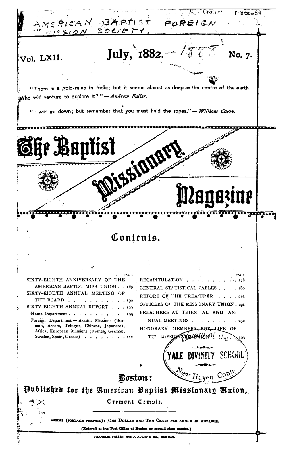July, 1882. Contents