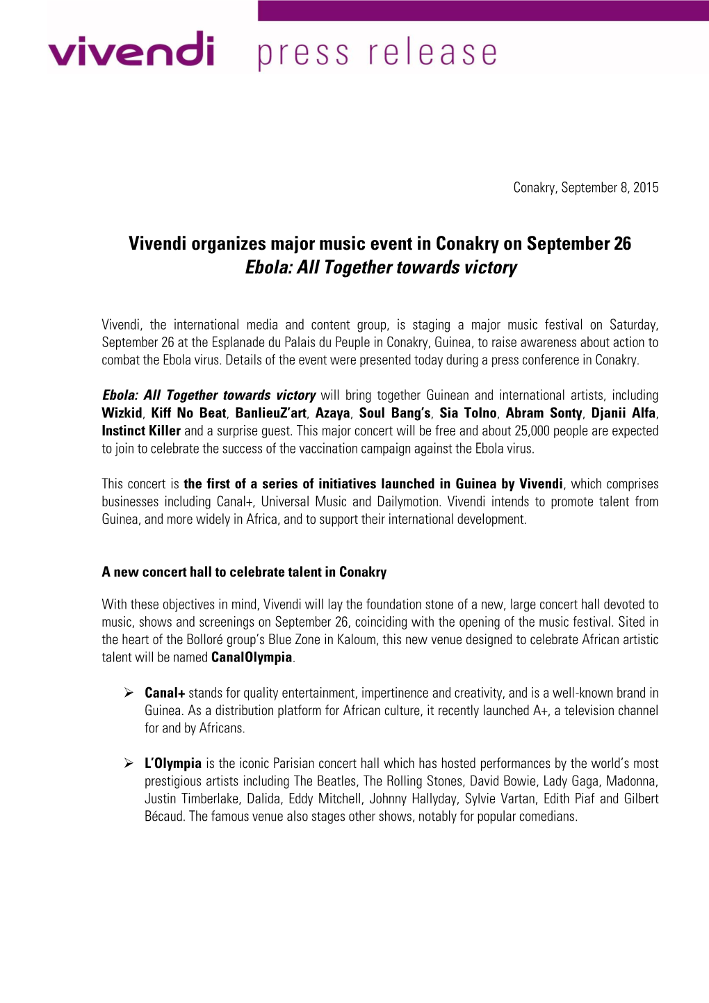 Vivendi Organizes Major Music Event in Conakry on September 26 Ebola: All Together Towards Victory