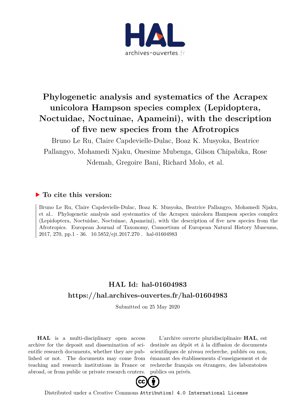 Lepidoptera, Noctuidae, Noctuinae, Apameini), with the Description of Five New Species from the Afrotropics Bruno Le Ru, Claire Capdevielle-Dulac, Boaz K