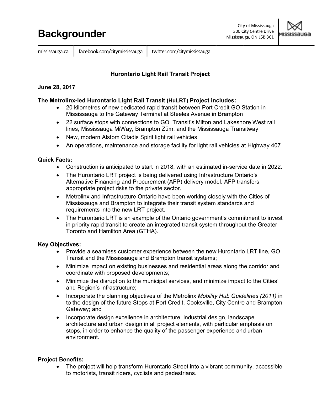 Hurontario Light Rail Transit Backgrounder