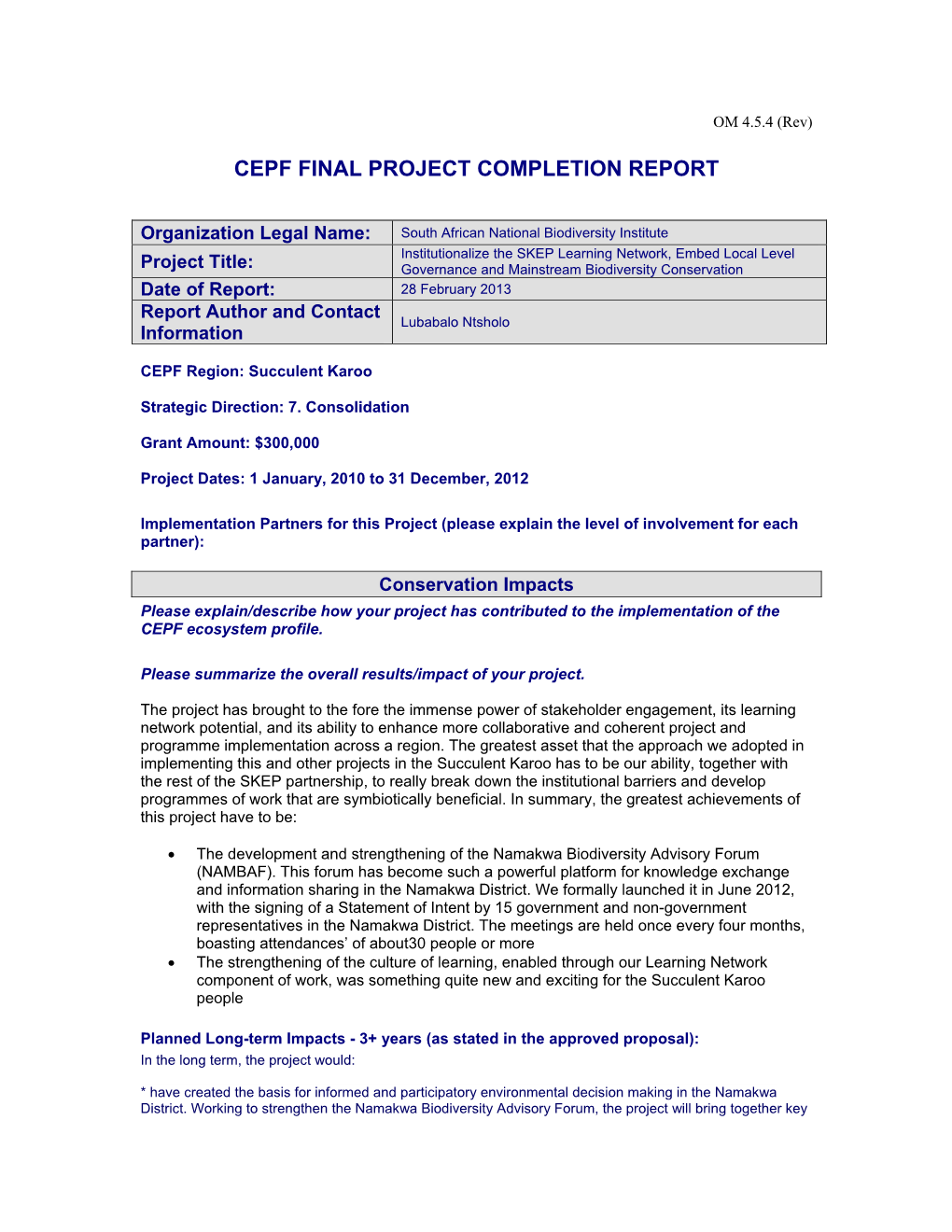 Cepf Final Project Completion Report