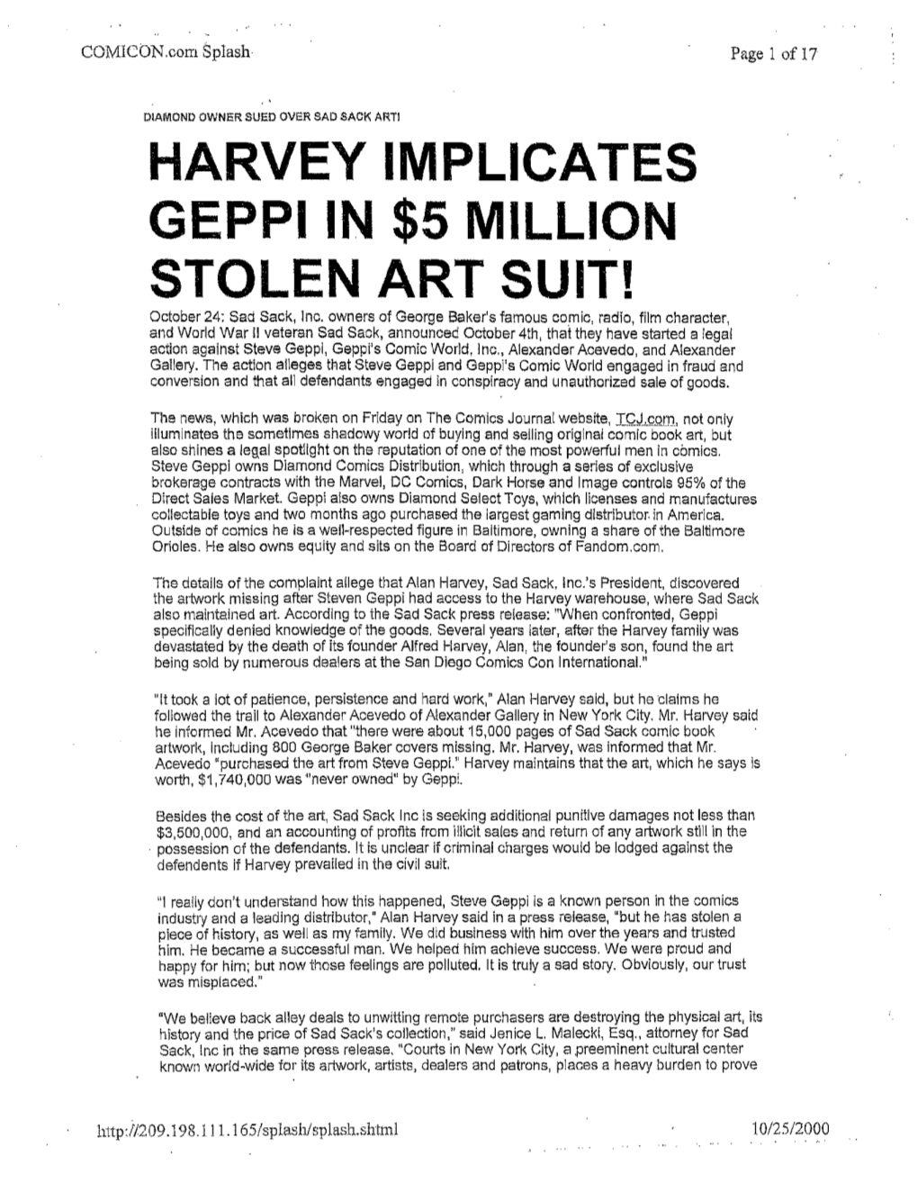 HARVEY IMPLICATES GEPPI in $5 MILLION STOLEN ART SUIT! October 24; Sad Sack, Inc