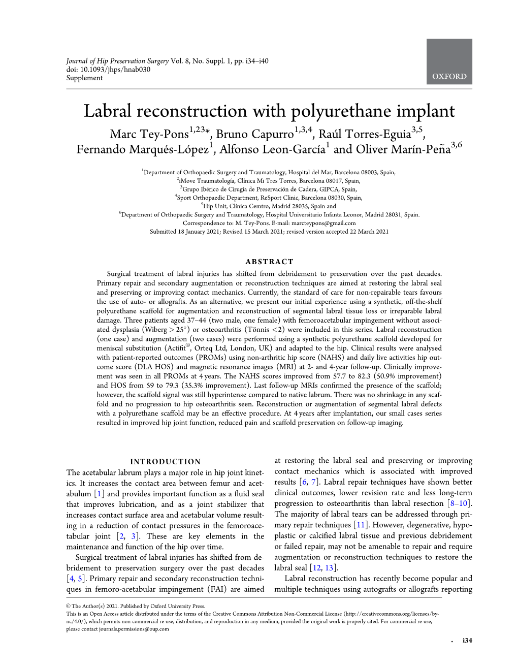 Labral Reconstruction with Polyurethane Implant