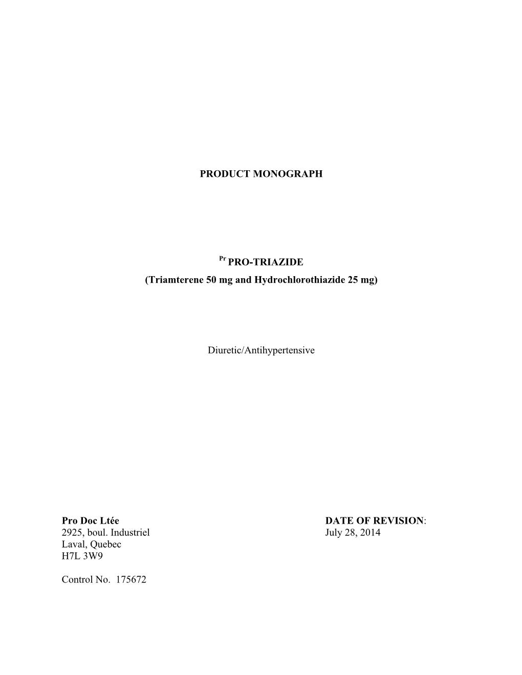 PRODUCT MONOGRAPH Pr PRO-TRIAZIDE (Triamterene 50 Mg