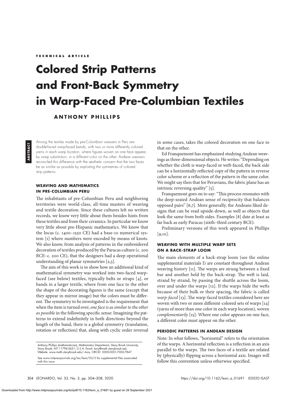 Colored Strip Patterns and Front-Back Symmetry in Warp-Faced Pre-Columbian Textiles 305