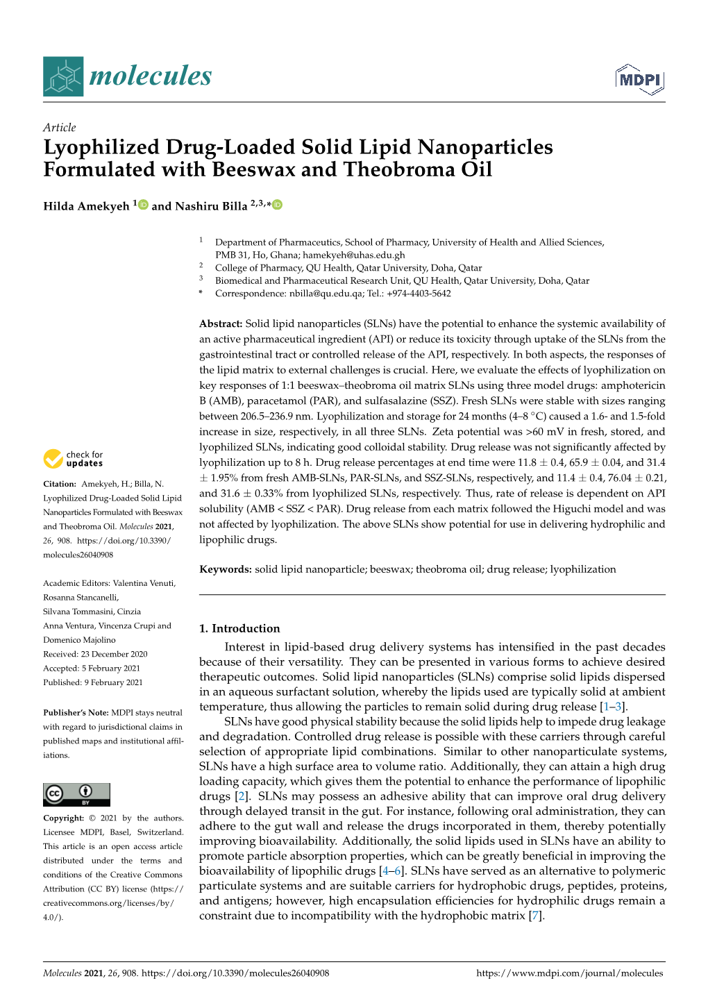 Lyophilized Drug-Loaded Solid Lipid Nanoparticles Formulated with Beeswax and Theobroma Oil