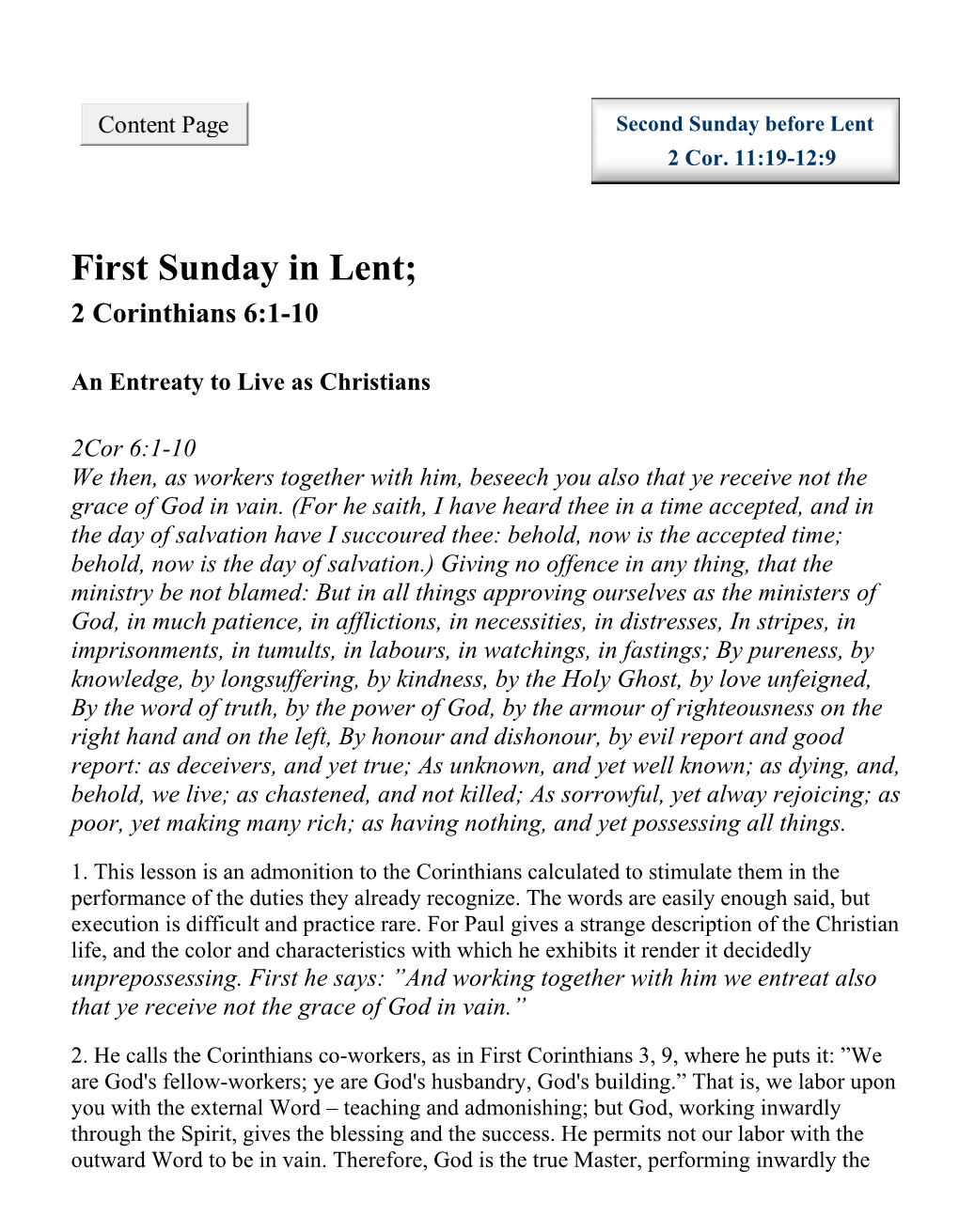 First Sunday in Lent; 2 Corinthians 6:1-10