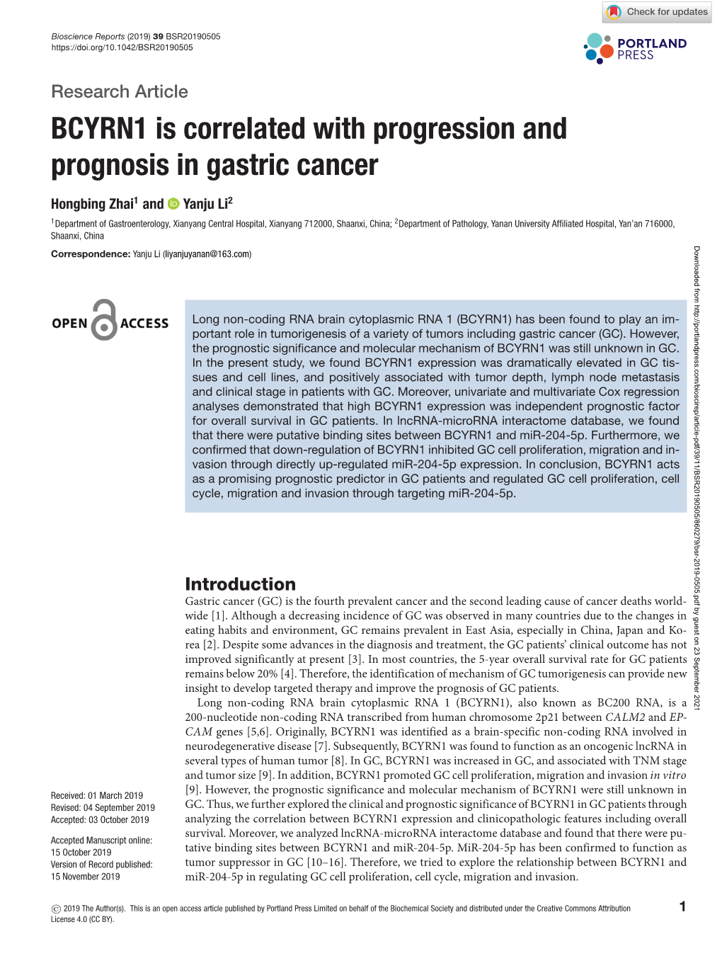 BCYRN1 Is Correlated with Progression and Prognosis in Gastric Cancer