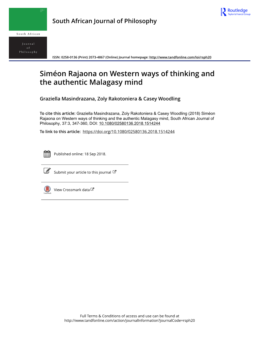 Siméon Rajaona on Western Ways of Thinking and the Authentic Malagasy Mind