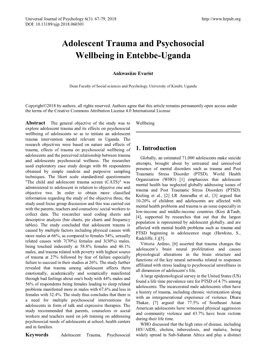 Adolescent Trauma and Psychosocial Wellbeing in Entebbe-Uganda